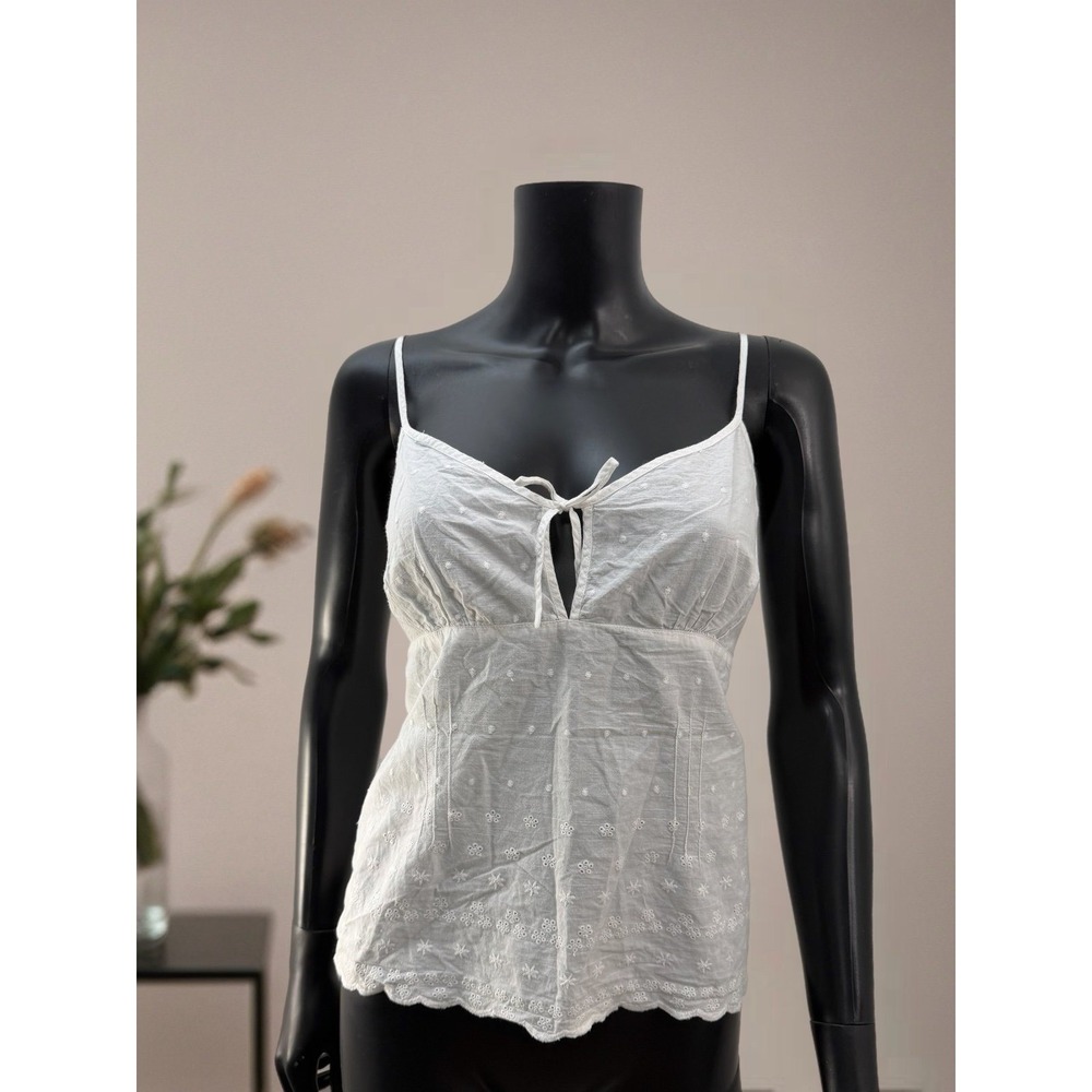 Delicates White Cotton Eyelet Cami Top Open‎ Front Tie XL Boho Summer